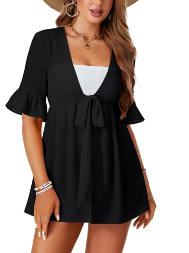 LYANER Women's V Neck Flounce Half Sleeve Tie Knot Front Coverup Beach Cardigan Blouse4