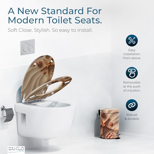Image of Sanilo Wooden Toilet Seat with Quick Release & Soft Close [ROUND] - Decorative & Slow Close Molded Wood Seat - With One Click for Easy Installation & Cleaning - With Adjustable Fit (Sanibel)