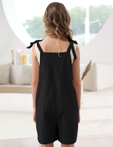 Image of Girls Romper Sleeveless Adjustable Tie-Up Strap Short Jumpsuits Summer Clothes with Pocket 5-12 years