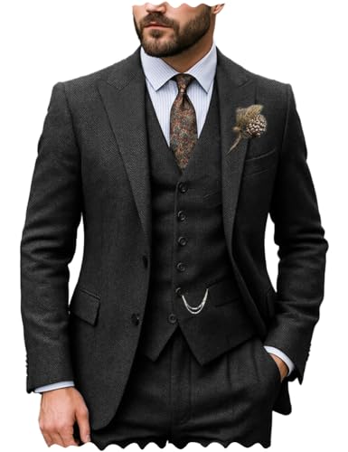Vintage Men Suits Regular Fit 3 Piece Tuxedos Tweed Herringbone Jacket + Waistcoat + Trousers for Wedding Grooms
