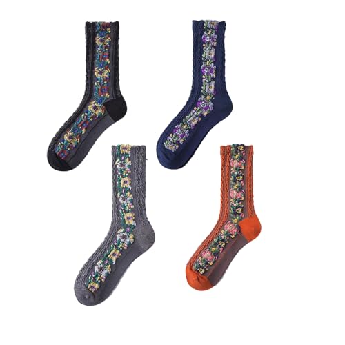 Vintage Embroidered Floral Socks, 4 Pairs Frilly Floral Combed Cotton Crew Socks, Warm Personality for Autumn and Winter