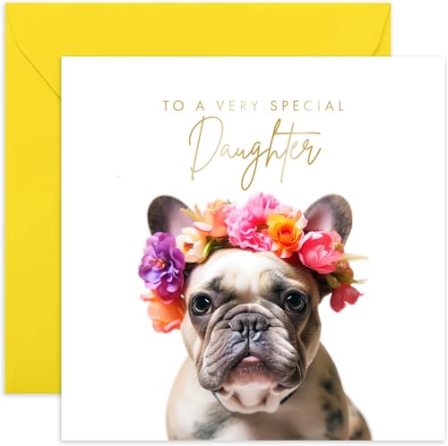 Old English Co. - Tarjeta especial para hija de bulldog francés, tarjeta de cumpleaños para ella, bonita tarjeta de felicitación para hija de familiares y amigos, interior en blanco