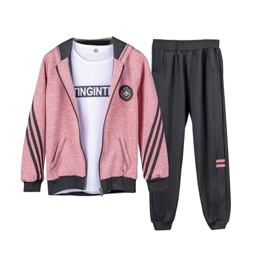 linboo Kinder Trainingsanzug Mädchen Jogginganzug 2tlg/3tlg Sportanzug Sweatjacke mit Kapuze und Sporthose Langärmshirt Freizeitanzug, Rosa-3tlg, 134-140(Herstellergröße: 140)