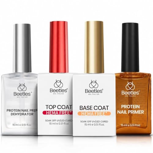 Beetles HEMA Free &amp; TPO Free Protein Nail Dehydrator &amp; Primer with Gel Top Coat and Base Coat Set Soak Off UV LED Gel Nail Polish Foundation Kit for Long Lasting Manicure Gifts