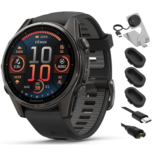 Image of Garmin Fenix 8 43mm AMOLED Sapphire Multisport GPS Smartwatch, Carbon Gray Titanium with Black Silicone Band, 010-02903-20 - Bundle w /Deco Essentials Charging Dock, Dust Cover and USB-C Cable