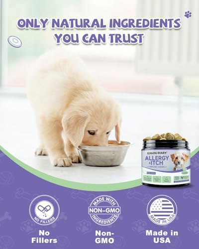 Juckreiz für Hunde, Gegen Allergien für Hunde, 120 Leckere Snacks, Nahrungs Ergänzungsmittel zur Stärkung Immunsystems, Anti Juckreiz Gesundheitsprodukte für Kräuter, mit Taurin, Kurkuma, Kolostrum