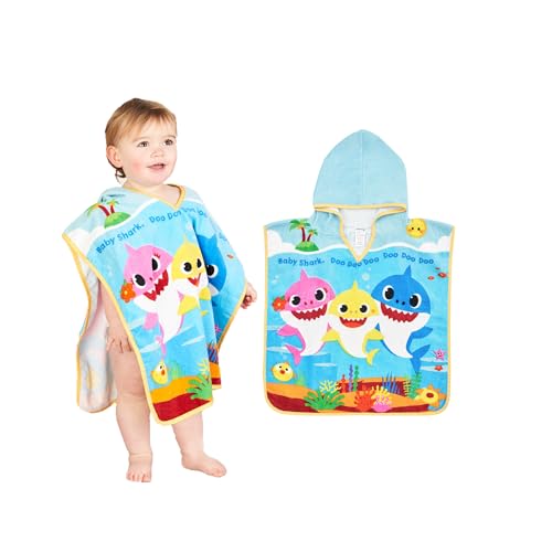 Baby Shark Poncho Towel 100% Cotton Terry 12M+ Super Absorbent Machine Washable 50 x 50cm Unisex Baby Bath Beach Swimming Towel for Children with Hood