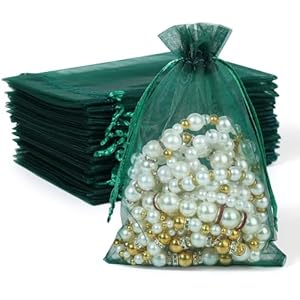 Hopttreely 100 bolsas de organza verde oscuro, bolsas de malla de 4 x 4.72 pulgadas, bolsa de regalo con cordón, bolsas de joyería para fiestas, Navidad, festivales, jabones de baño, organza de
