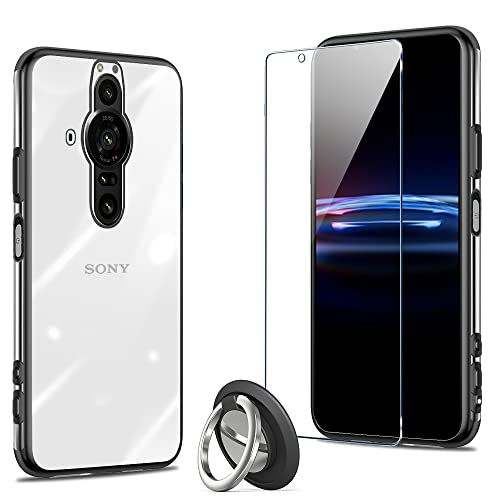 Xperia pro-I ケース 黒 半透明 薄型 リング付き ケース ガラスフィルム 日本旭硝子製 硬度9H 強化ガラス