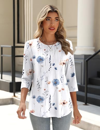 Zeagoo 3/4 Length Sleeve Womens Tops Crew Neck Loose Fit Shirts Pleated Cute Clothes Dressy Casual 2025 Summer Tunics2