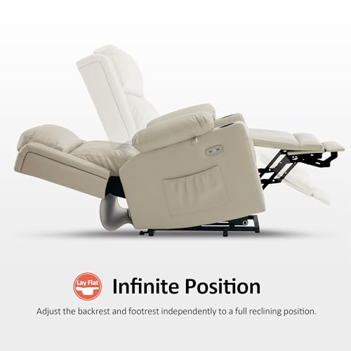 MCombo Lay Flat Triple Motor Power Lift Recliner Chair Sofa with Heat and Massage, Adjustable Headrest for Elderly, Infinite Position, Faux Leather 7661 (Beige, Medium)