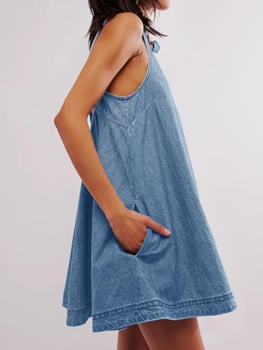 Image of utcoco Women's 2026 Summer Sleeveless Denim Mini Dress Back Cut Out A Line Swing Jean Tank Dress