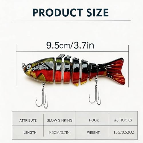 Image of Multi Jointed Swimbait Hard Lure, 3.7in Slow Sinking Fishing Lures with Realistic S-Shaped Swimming Action, Built-in Gravity Transfer System & #6 Treble Hooks for Bass, Trout, Pike, Topwater Lure