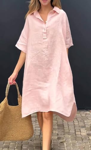 Image of chouyatou Women's Summer Casual Linen Beach Tunic Dress Loose High Low Midi Long Polo T Shirt Dress