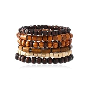 6Pcs Wooden Bead Bracelet,Bohemian Holiday Commemorative Men’s Multi-Layer Bead Wrist Adjustable Elastic Natural Retro Meditation Prayer Cuff Wrap Bangle Jewelry Set
