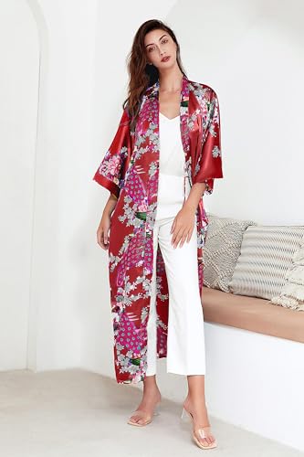 Image of BABEYOND Women's Kimono Robe Long Satin Robes with Peacock and Blossoms Printed Kimono Nightgown