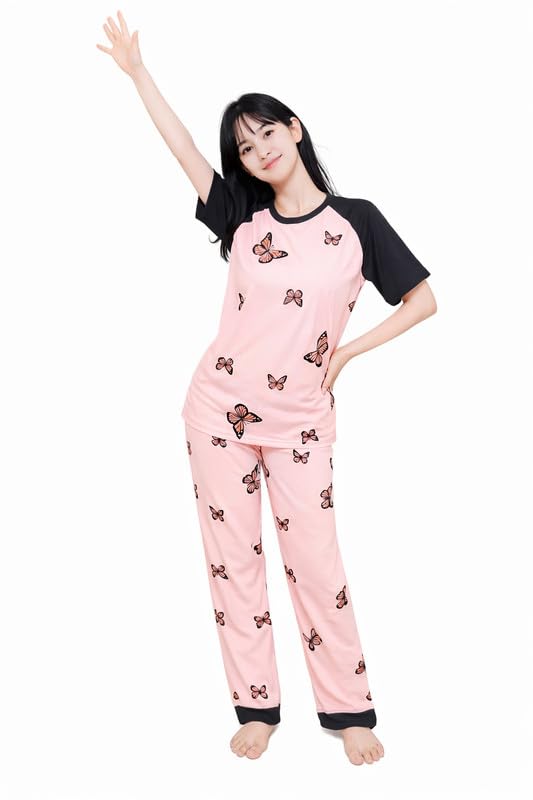 Image of Women's Pajama Set with Top & Pants|| Korean Night Wear|| Loose Fit Home Wear || Lightweight Printed Set || Soft & Comfy Girls & Women