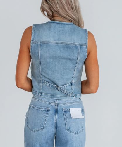 Denim Vest for Women Sleeveless V-Neck Button Down Washed Short Jean Vest Top4