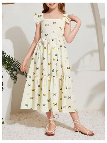 Floerns Girl's Butterfly Print Ruffle Sleeve A Line Dress Square Neck Midi Dress3
