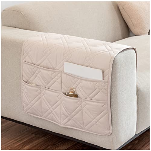 AWAV Organizador de Reposabrazos para Sofá, Bolsa de Almacenamiento para sillón, Soporte de Bolsa de Almacenamiento de Tela para Sofá para Mando a Distancia, Teléfono Móvil, Libro (Beige)