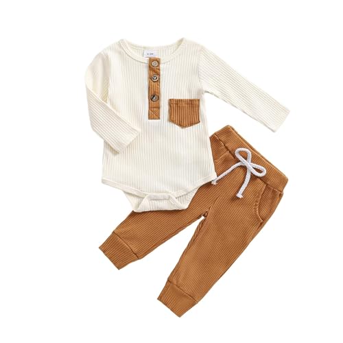 Image of fhutpw Baby Boy Clothes 3 6 12 18 Months Ribbed Knitted Long Sleeve Romper and Pants Sets Newborn Fall Splicing Color Outfits