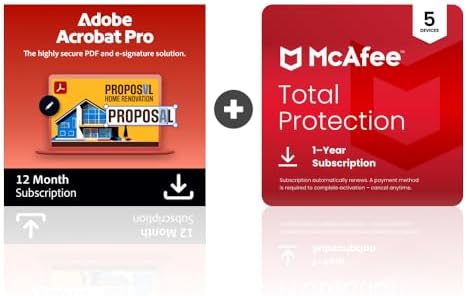 Adobe Acrobat Pro + McAfee Total Protection 5-Device Software Bundle | Create, Edit, E-Sign PDFs | Antivirus Software, Scam Protection, Identity Monitoring | 12-Month Subscription | Digital Download