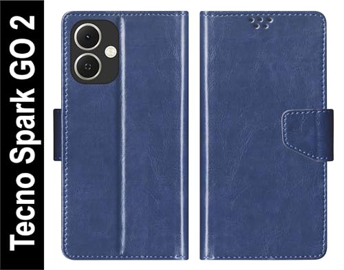 Image of SBMS Flip Cover for Tecno Spark GO 2 Back Cover Case with Magnatic Closure | Inbuilt Stand | Card & Money Pocket (Blue)