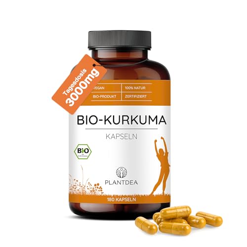 Bio Kurkuma Kapseln - 3000mg Kurkuma-Pulver in nur 6 Kapseln täglich - 180 vegane Kapseln - vegan - Bio zertifiziert - Glutenfrei - vegan - PlantDEA