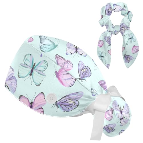 Image of Butterfly Scrub Cap Women with Ponytail & Buttons Adjustable Surgical Nurse Hat with Cotton Sweatband for Long Hair