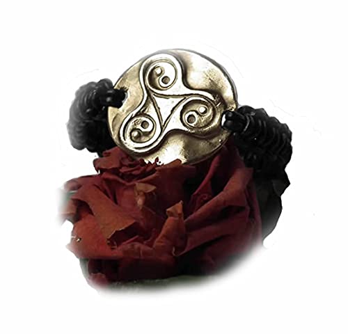 Bracelet unisexe ajustable, bijou celtique/viking/wicca/breton/shinto, triskel-yin/Yang bronze couleur or+ macramé cuir noir, pour homme et femme, cuivre ou bronze coul.argent possibles