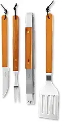 Kit Churrasco Profissional 4 Peças Aço inoxidável com Cabo de Madeira Premium – Faca, Garfo, Espátula e Pegador para Cortar, Grelhar e Servir Carnes