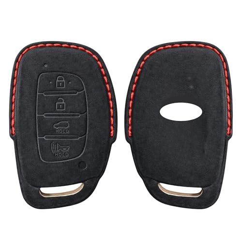 Image of KMH Alcantara Car Key Cover Compatible with Hyundai Alcazar Creta 2022 Venue i20 Tucson Elantra Smart keycover with Keychain 4 Button Shell Case Key Protector Smart Keycover (D2) Black - Pack of 1