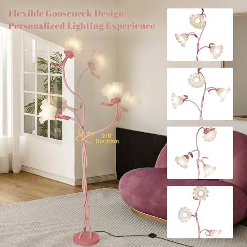 Image of Flower Standing Lamp for Bedroom, Cute Corner Floor Lamp with Flexible Gooseneck, 3 Light Floor Reading Lamp with 3 Color Temperatures, Bulbs Included, Tall Floor Lamp for Living Room Corner(Pink)
