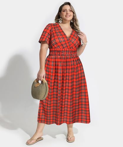 Image of CARCOS Plus Size Dresses for Curvy Women V Neck Summer Maxi Dress Short Sleeve Floral Boho Dress Smocked Waist Beach Dress