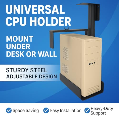 Image of Heavy-Duty CPU and UPS Holder, Black Metal Adjustable Under Desk and Wall Mount Stand with Height and Width Adjustment