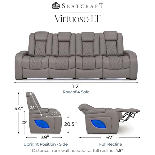Image of Seatcraft Virtuoso LT Gray Italian Leather Home Theater Seating, Zero Gravity Power Recliner, Powered Headrest and Lumbar Gaming and Home Office Chair, Heat and Massage Lounge Sofa, Row of 4 Sofa