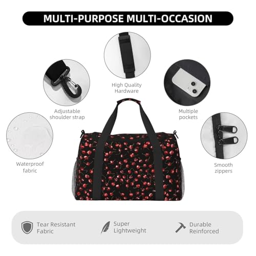 Cute Cherry Pattern Travel Duffle Bag Red Fruit Weekender Bag for Women Men Carry on Overnight Bag Yoga Gym Bag Workout Duffle Sports Bag3