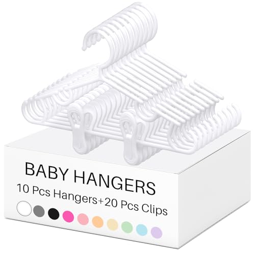 Image of Hsei 5/10/40 Pack Baby Hangers with 10/20/80 Clips, Plastic Kids Pants Hangers for Nursery Closet Top and Bottom Clothes Hanger Set for Newborn Infant Toddler(30 Packs Total,White,10.6 Inch)