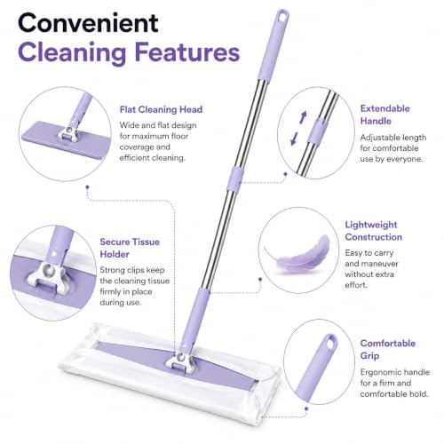 Image of Tissue Mop for Floor Cleaning | Disposable Dry & Wet Flat Mop with Extendable Handle | Suitable for Tile, Marble, Hardwood & Laminate Floors