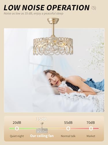 Image of SYDACG 20 inch Gold Crystal Fandelier Ceiling Fans with Lights, Gold Chandelier Ceiling Fan with Light Remote Control, Mid-Century Modern Caged 6 Speeds for Bedroom, Nursery, Foyer, Living Room