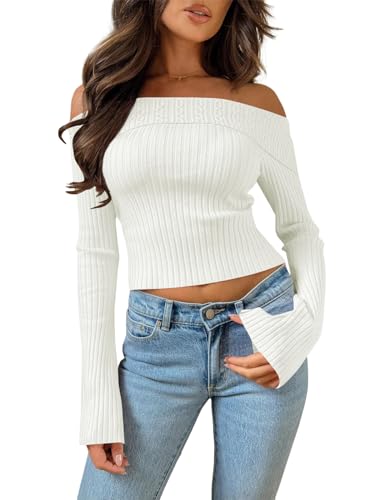 Goranbon Women's Off Shoulder Ribbed Knit Crop...