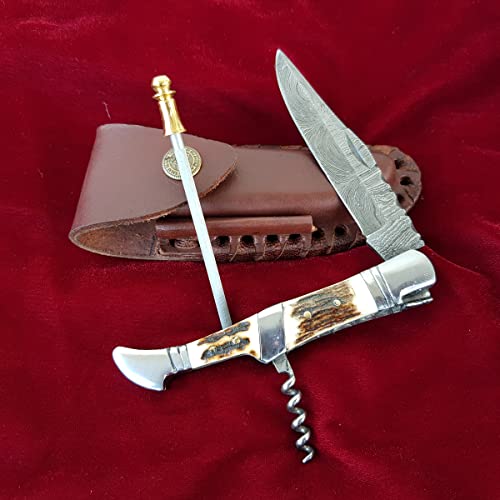 Craftomatik Couteau de poche pliant Laguiole en acier damassé - Manche en acier inoxydable - Avec tire-bouchon - Fabriqué à la main - Couteau de camping -...