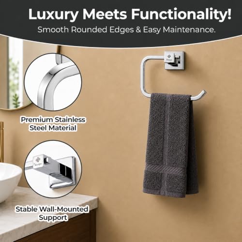 Image of SS304 Stainless Steel Towel Holder for Bathroom, Square Towel Ring, Wall Mounted, Chrome Finish, Hand Towel Hanger for Wash Basin, Kitchen Towel Hanger, Modern Bathroom Accessories
