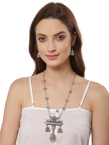 Oxidised Long Chain Pendant Earrings Set