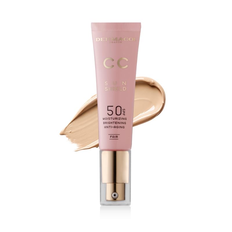 Dermacol CC Cream Sun Shield,Base CC correctora de color, cobertura ligera a media, acabado luminoso, SPF 50, con vitamina E y ácido hialurónico, fórmula ligera e hidratante, 30 ml, Fair