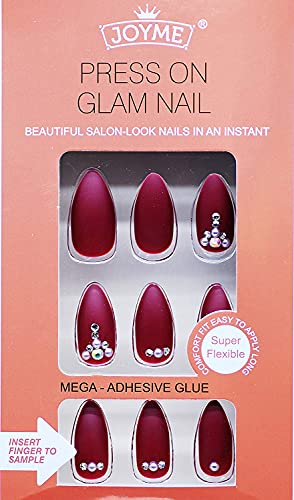 Maroon Press on Nail Set - Burgundy Crystals Long Stiletto Fake Nails PressOn - Easy to Apply Adhesive - Instant Manicure No Glue Needed Neutral Press-On