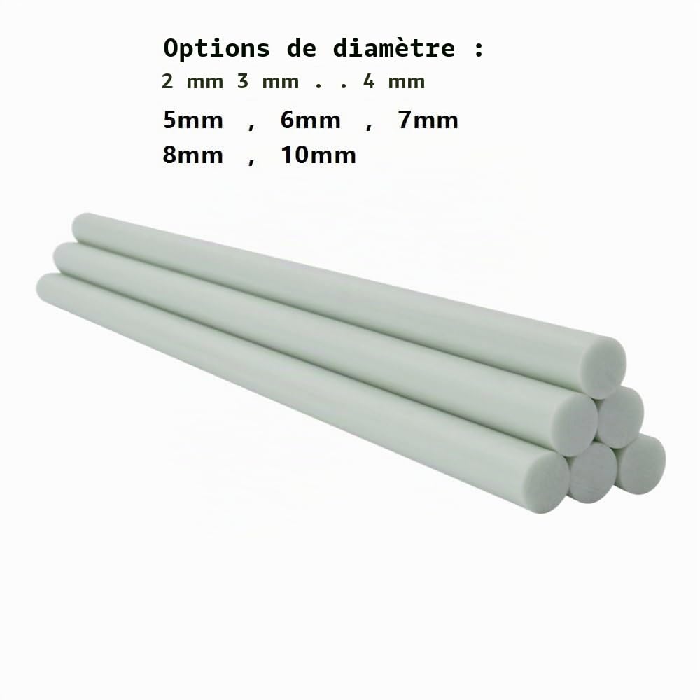 Lot de 10 tiges flexibles en fibre de verre de 6 mm, 7 mm, 8 mm, 10 mm de diamètre, 0,5 m, tiges d'ingénierie blanches haute rigidité(8mm)