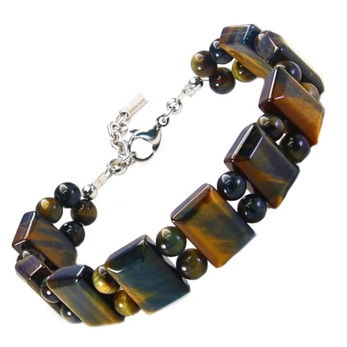 Image of Unique Tiger Eye Bracelet for Men, HASKARE Energy Protection Crystals Golden Blue Tigers Eye Bracelets Handmade Steel Wired Natural Beads Bracelet Adjustable Durable Chain Stone Bracelet Gifts for Men