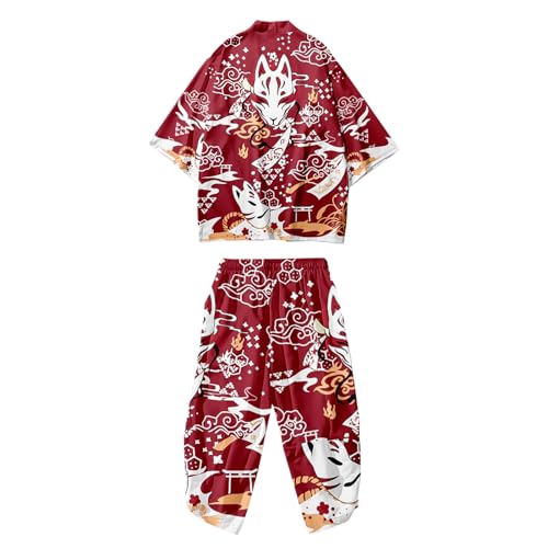 Image of DOSLAVIDA Men's Japanese Kimono Cardigan Suit Chinese Style Printed Jacket Pants Set Open Front Seven Sleeve Top & Shorts