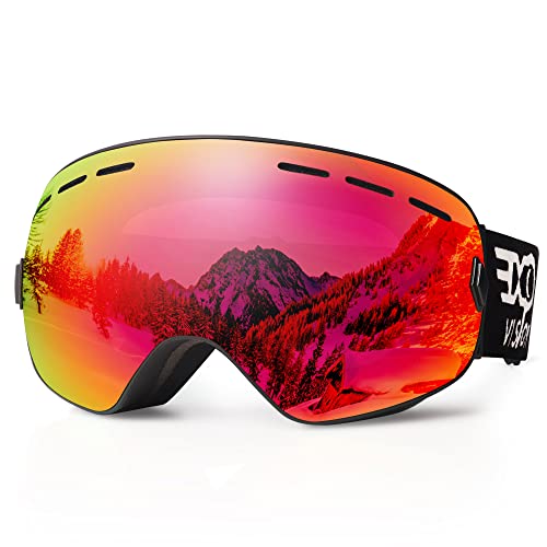 Image of EXP VISION Snowboard Ski Goggles Men Women Youth, Anti Fog OTG Winter Snow Goggles Spherical Detachable Lens (Red)